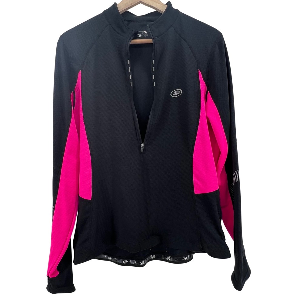 Performance Cycling Jersey Womens XL Black Neon Pink Long Sleeve 1/4 Zip 11-1650